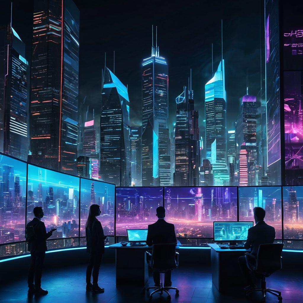 A futuristic city skyline with sleek buildings and glowing digital interfaces, showcasing the integration of software and systems in everyday life. In the foreground, a diverse group of engineers collaborating over holographic screens displaying complex data and systems. Bright neon lights and soft digital elements illuminate the scene, representing innovation and transformation. The atmosphere is optimistic and forward-looking, emphasizing the theme of a digital tomorrow. cyberpunk. vibrant colors. 3D.