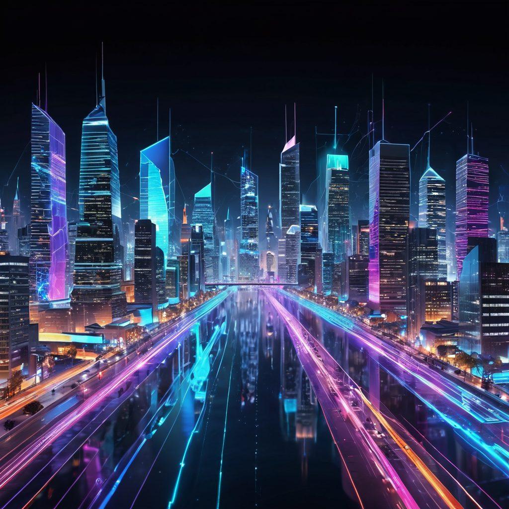 A futuristic city skyline with interconnected data streams flowing between buildings, symbolizing seamless information exchange. Include diverse people utilizing advanced technology like holographic displays and wearable devices. Bright neon colors and glowing elements to emphasize the I/O revolution. abstract style. vibrant colors. 3D.