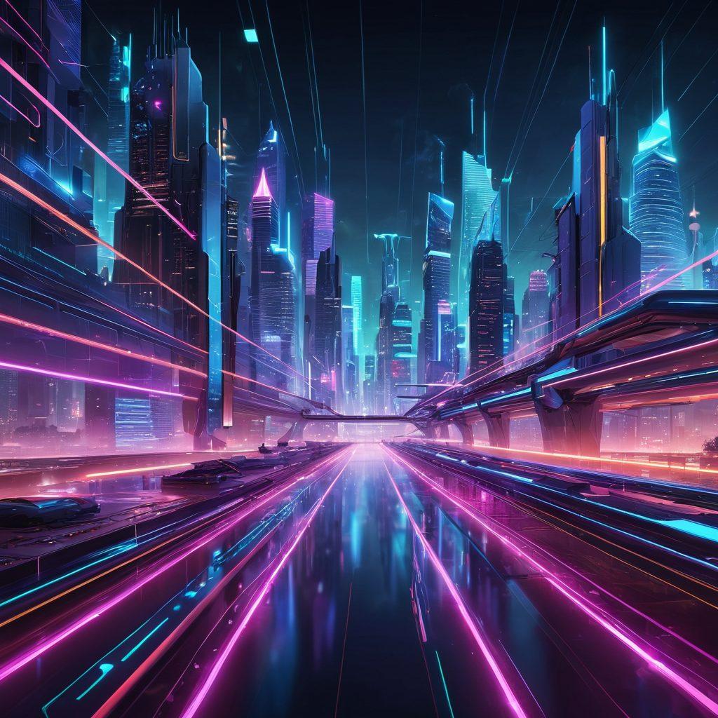 A futuristic digital landscape showcasing interconnected data streams represented by vibrant light trails, with symbols of I/O processes and servers in the background. The scene should embody innovation and technology, illuminated by neon colors and a glowing city skyline. Geometric shapes and abstract patterns should enhance the modern feel of the image. cyberpunk. vibrant colors. 3D.